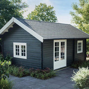 One-storey DIY Cabin and Tiny House with black stained timber walls, black shingle roofing and white window and wall trims. Cabin Caroline side elevation. Two windows and large double front door., by WholewoodCabins